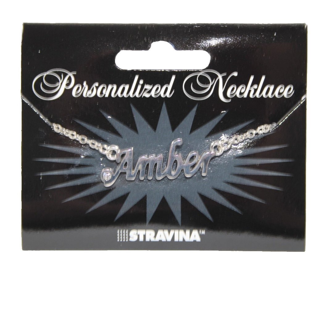 Amber Name Silvertone Rhinestone 14.5
